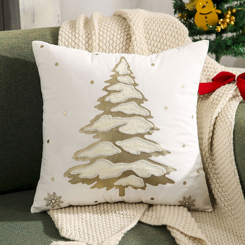  Gold Foil Reindeer and Christmas Tree Pillow Cover 