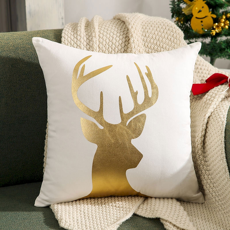  Gold Foil Reindeer and Christmas Tree Pillow Cover 