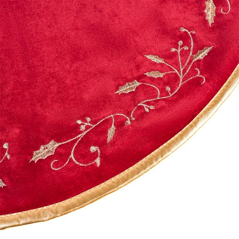 Jupe de sapin de Noël victorienne en velours avec broderie damassée dorée et lacets en peluche, bordeaux, 213,4 cm