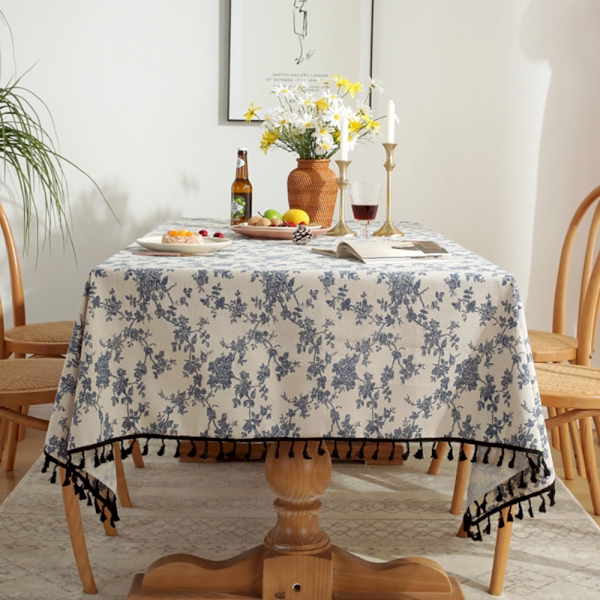 Nappe Rectangulaire Coton Floral Bleu & Blanc 60x90 Cm Avec 6 Serviettes - Fait Main Inde