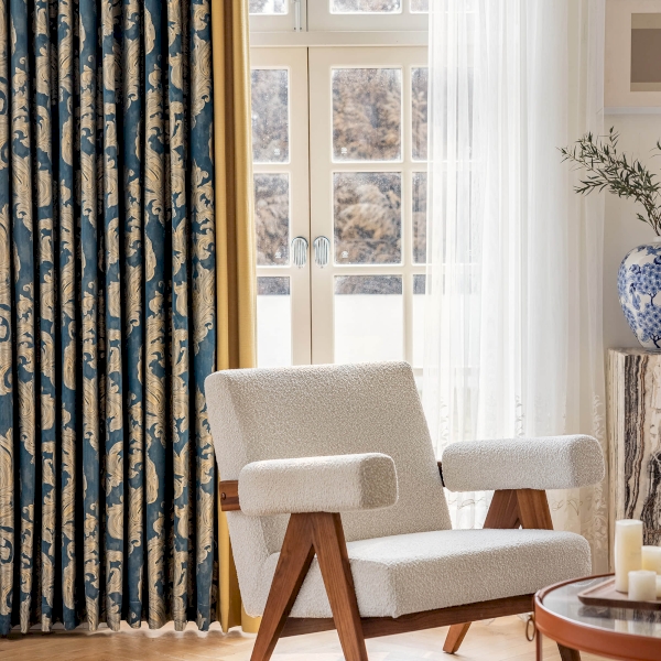 Golden Yellow and Deep Blue Damascus Embroidered Curtains