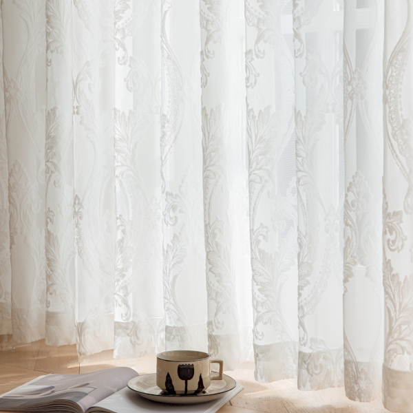 Duo PANNEAU RIDEAU VOILAGE blanc-cassé motifs ton sur ton barre pour