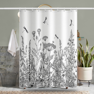 Rideau de Douche Prairie de Fleurs Noires et Blanches