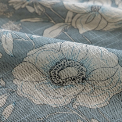 Tenda trasparente stampata, tessuto testurizzato in lino, fiori azzurri