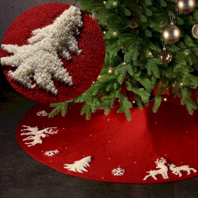 Knitted Christmas Tree Skirt with 3D Reindeer and Christmas Tree Design