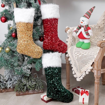 3-Piece Set of Christmas Stockings with Glitter Sequins and Faux Fur Trim