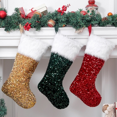 3-Piece Set of Christmas Stockings with Glitter Sequins and Faux Fur Trim