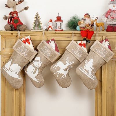 4-Piece Burlap Christmas Stocking Set with Reindeer, Snowman, Santa, and House Designs