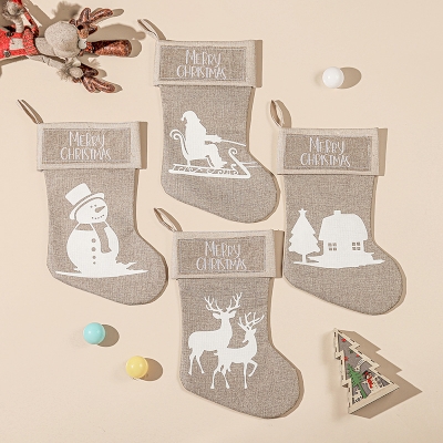 4-Piece Burlap Christmas Stocking Set with Reindeer, Snowman, Santa, and House Designs