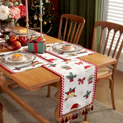 Christmas Table Runner with Festive Patterns and Tassel Trim