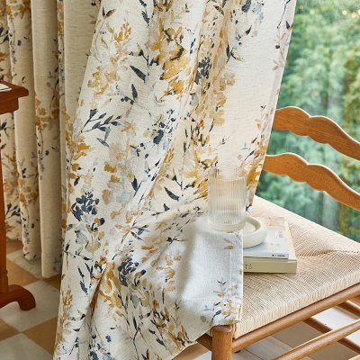 Watercolor Curtain, Vine Flower and Leaf, Yellow