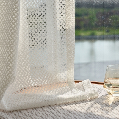 Sheer Curtains, Delicate Relief Lines, Wicker Weave Fabric, White