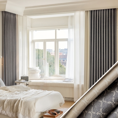 Rideau Doux en Coton et Lin Mélangés Avec Motif de Losange, Nuances de Gris et de Beige