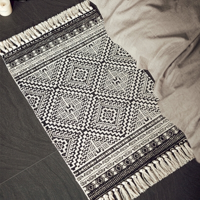 Handwoven Black and White Fringe Rug