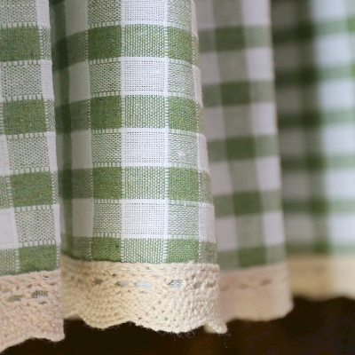 Green Plaid with White Embroidery Short Window Curtains, Small Window Curtains, Half Window Curtain, Cafe Curtains, Kitchen Curtains