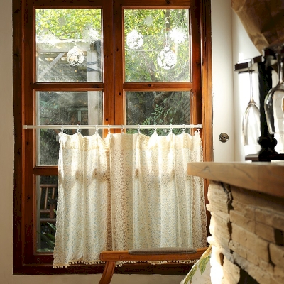Dense Floral Lace Pom-Pom Half Window Curtains, Small Window Curtains, Half Window Curtain, Cafe Curtains, Kitchen Curtains
