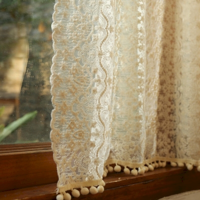 Dense Floral Lace Pom-Pom Half Window Curtains, Small Window Curtains, Half Window Curtain, Cafe Curtains, Kitchen Curtains