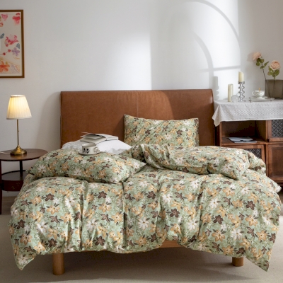 Ensemble de Literie Champêtre Fleuri en Coton,vert,violet