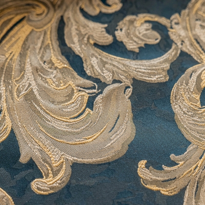 Rideau Sur Mesure FLOR, Tissu Jacquard Saphir Doré à Motif Feuillage Sculpté en Relief