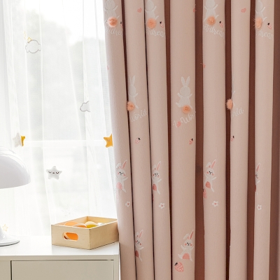 Rideau Enfant Lapin Rose en Coton Lin avec Broderie et Queue en Pompons