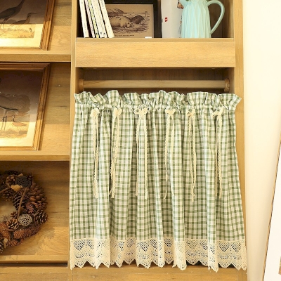 Green Plaid Short Window Curtains with Beige Lace, Small Window Curtains, Half Window Curtain, Cafe Curtains, Kitchen Curtains