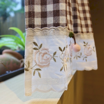 Brown Plaid Short Window Curtains with Embroidered Flowers, Small Window Curtains, Half Window Curtain, Cafe Curtains, Kitchen Curtains
