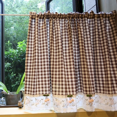 Brown Plaid Short Window Curtains with Embroidered Flowers, Small Window Curtains, Half Window Curtain, Cafe Curtains, Kitchen Curtains
