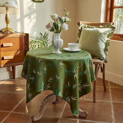Embroidered Tablecloth with Gold Bamboo Leaves and Tassels, Green Tablecloth, Rectangle Tablecloths, Square Tablecloths