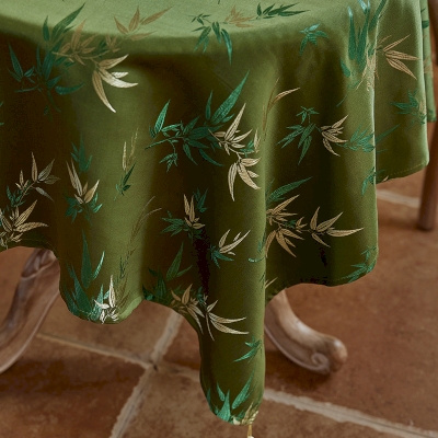 Embroidered Tablecloth with Gold Bamboo Leaves and Tassels, Green Tablecloth, Rectangle Tablecloths, Square Tablecloths