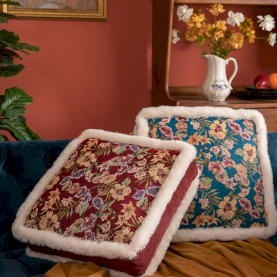 Coussin de Sol Lemaire avec Tissu Jacquard Floral et Bordure en Peluche,4 couleurs