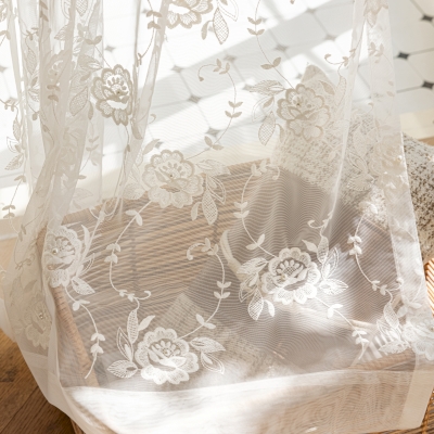 Voilage ESMERA sur Mesure,Tulle Blanc Brodé de Fleurs et Perles