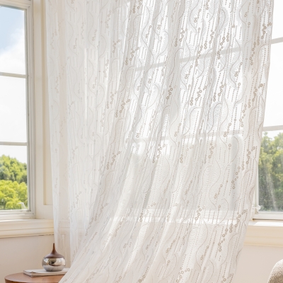Voilage Luxueux en Soie et Broderie Coton,Motif Plumes et Perles, Sur Mesure