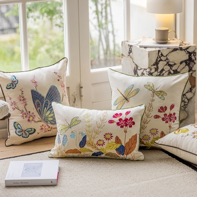 American Pastoral Throw Pillow with Butterfly Embroidery, Decorative Pillows, Couch Throw Pillows