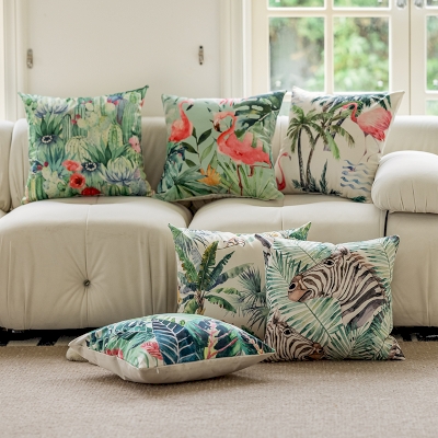 Faux Silk Throw Pillow with Tropical Flora and Fauna Pattern, Decorative Pillows, Couch Throw Pillows, Green Throw Pillows
