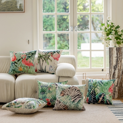 Faux Silk Throw Pillow with Tropical Flora and Fauna Pattern, Decorative Pillows, Couch Throw Pillows, Green Throw Pillows