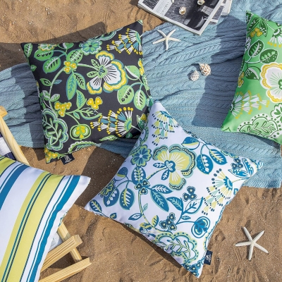 Set of 2 Outdoor Throw Pillows with Floral and Stripe Patterns