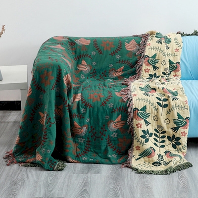 Plaid de Canapé Grande Taille, Double Face en Coton Jacquard, Motif Floral et Aviaire