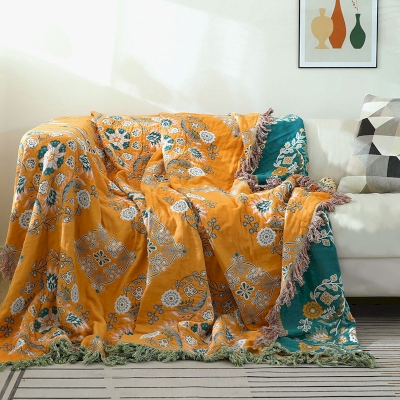 Plaid de Canapé Grande Taille, Bicolore Réversible, en Coton Imprimé, Motifs Floraux Ethniques
