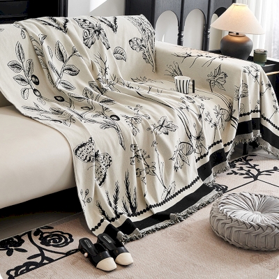 Plaid de Canapé Grande Taille en Chenille Jacquard, Motif Floral et Papillons