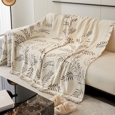 Plaid de Canapé Grande Taille en Chenille, Broderie de Fougères, Jeté de Canapé