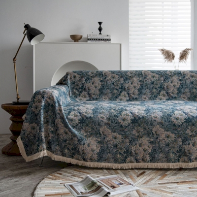 Jeté de Canapé Grande Taille Bleu, Tissu Jacquard à Motif de Marguerites