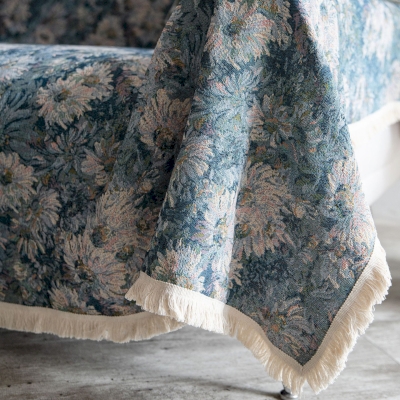 Jeté de Canapé Grande Taille Bleu, Tissu Jacquard à Motif de Marguerites