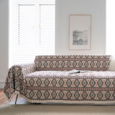 Jeté de Canapé Grande Taille à Motif Géométrique Rétro, Tissu Jacquard Coloré