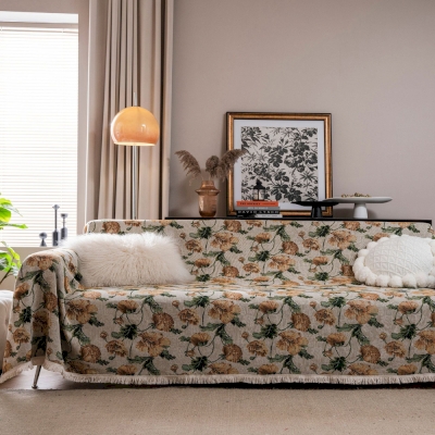 Jeté de Canapé Grande Taille en Tissu Jacquard Jaune avec Franges