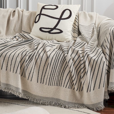 Plaid de Canapé Grande Taille en Chenille Imprimée, Motifs de Lignes Abstraites, Jeté de Canapé