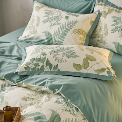Parures de Lit en Coton Longues Fibres Imprimé de Plantes Vertes, 220x240 cm