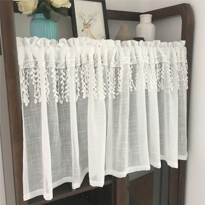 White Linen-Look Short Curtains with Wheat Trim, Small Window Curtains, Short Window Curtains, Half Window Curtain, Cafe Curtains, Kitchen Curtains