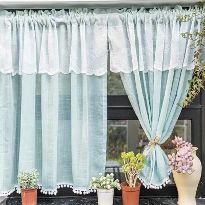 Blue Lace Slub Linen Short Curtains, Small Window Curtains, Short Window Curtains, Half Window Curtain, Cafe Curtains, Kitchen Curtains