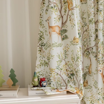 Rideaux Sylvestre, Tissu imprimés en coton et lin, Rideaux Enfant Animaux de la Forêt, ​Rideaux Tamisant
