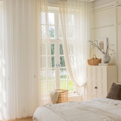 Custom Sheer Curtains Anissa, Beige Embroidery, Fish Scale and Snowflake Patterns